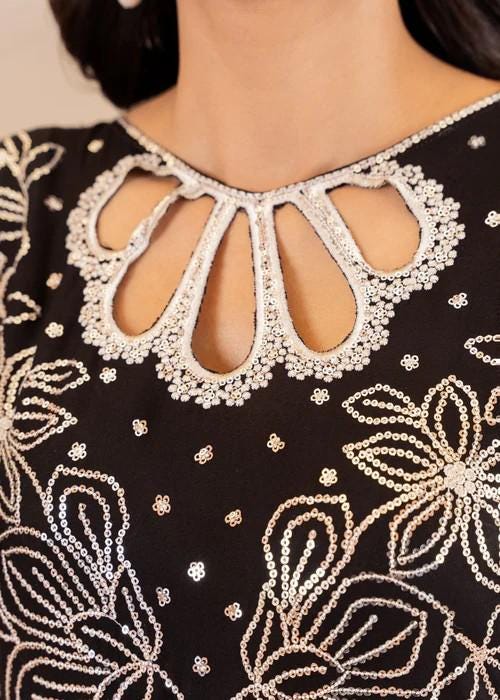 Cotton Frock/ Pishwas with Sequins Embroidery - Black