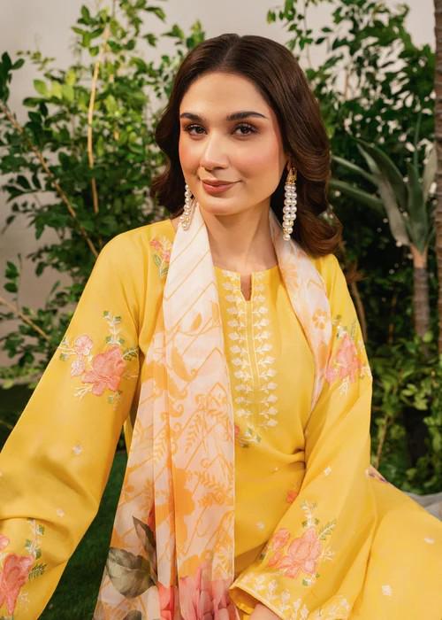 Embroidered Linen Farshi Shalwar Suit - Silk Dupatta - Yellow Sunflower