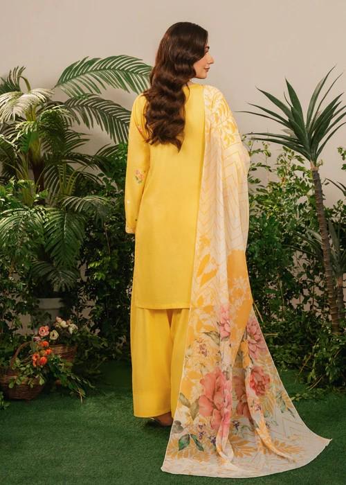Embroidered Linen Farshi Shalwar Suit - Silk Dupatta - Yellow Sunflower