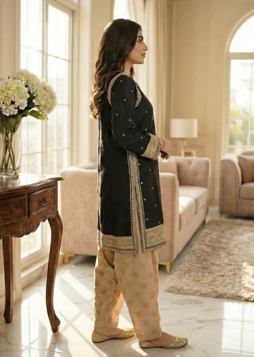 3 Piece Raw Silk Embroidered Suit - Black & Beige