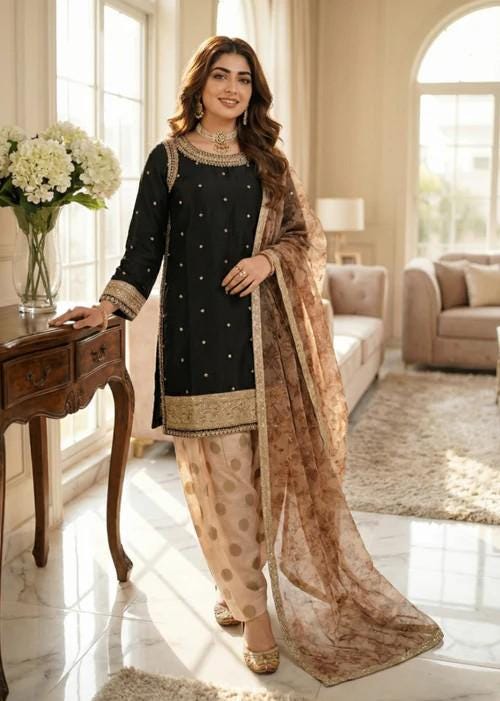 3 Piece Raw Silk Embroidered Suit - Black & Beige