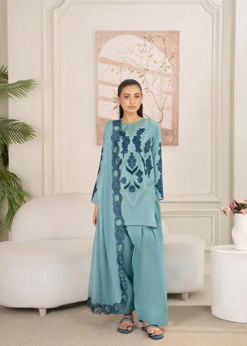 3 piece - Embroidered Short Kurta Cotton Suit