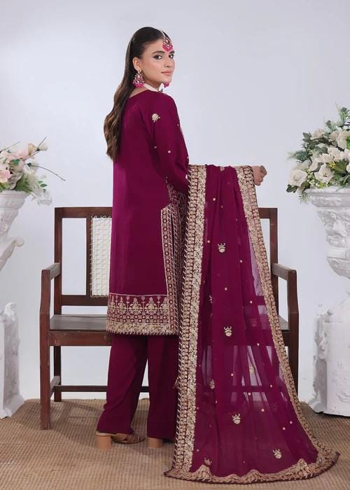 XXL - Heavily Embroidered Chiffon Suit - Magenta Haze