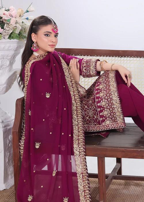 XXL - Heavily Embroidered Chiffon Suit - Magenta Haze