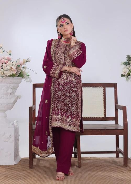 XXL - Heavily Embroidered Chiffon Suit - Magenta Haze