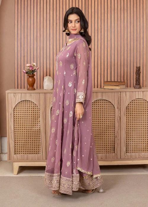 XXL - 3 Piece Embroidered Chiffon Pishwas Suit - Lilac