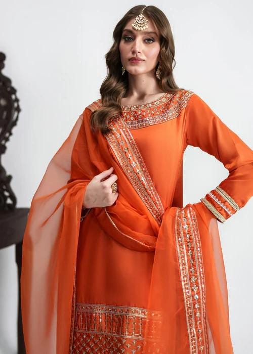 3 Piece Embroidered Farshi Shalwar Charmeuse Silk Suit