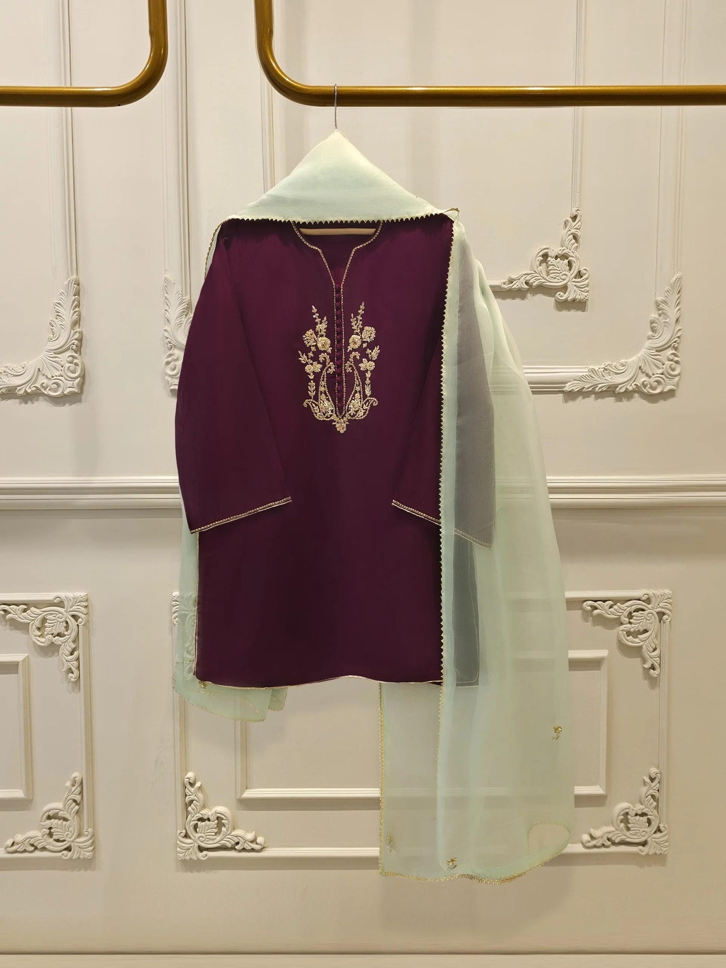 Agha Noor Embroidered Cotton Net Suit: Purple Magenta, Korean Silk Pants, Organza Dupatta 3 piece