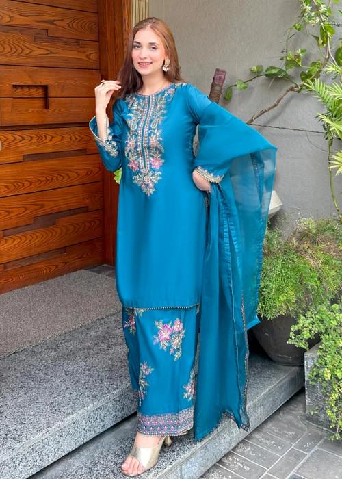 Embroidered Silk Farshi Shalwar Suit with Organza Dupatta - 3 Piece - Blue