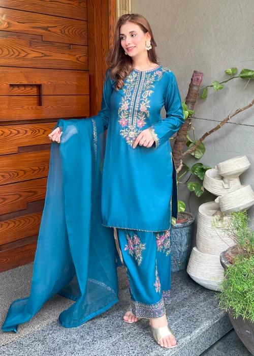 Embroidered Silk Farshi Shalwar Suit with Organza Dupatta - 3 Piece - Blue