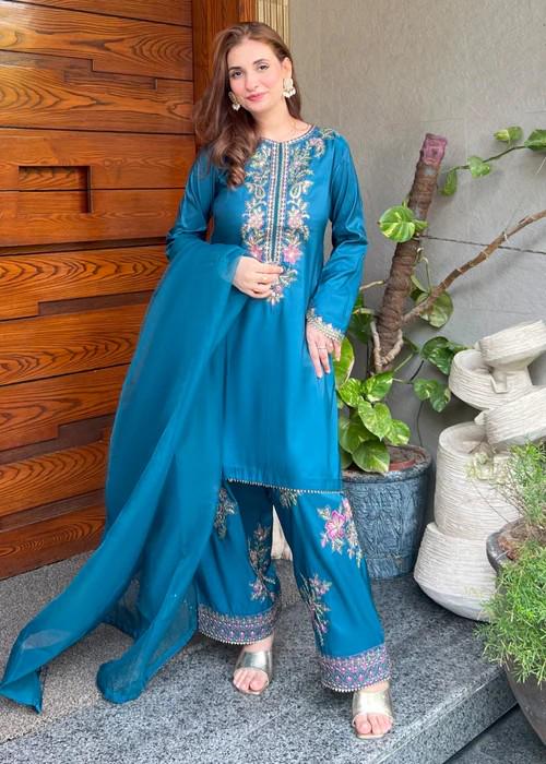 Embroidered Silk Farshi Shalwar Suit with Organza Dupatta - 3 Piece - Blue