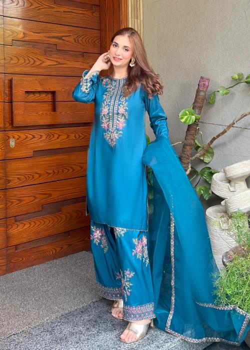 Embroidered Silk Farshi Shalwar Suit with Organza Dupatta - 3 Piece - Blue