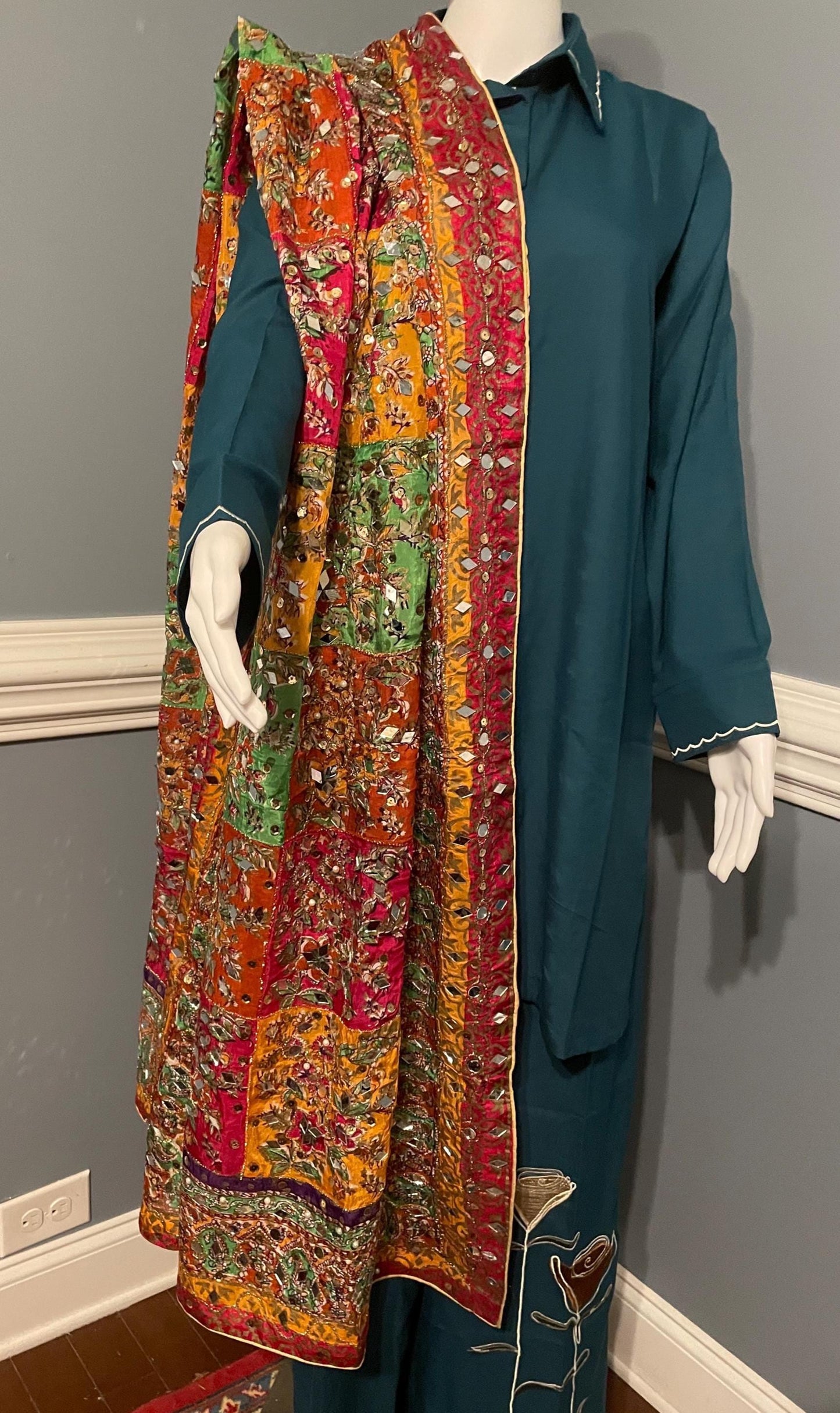 DPM3 - Handmade Block Print Silk Dupatta With Mirror and Pearl Work