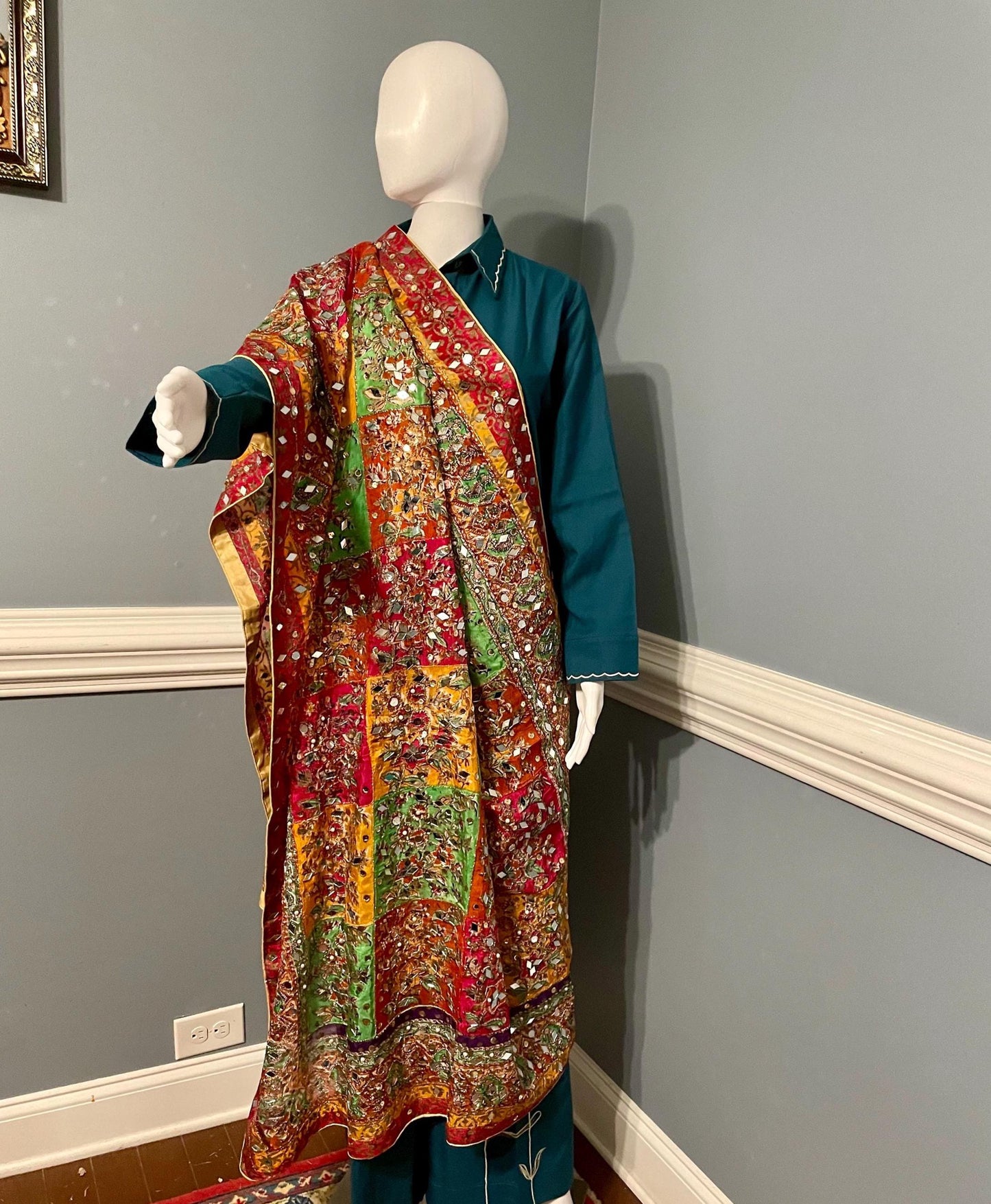 DPM3 - Handmade Block Print Silk Dupatta With Mirror and Pearl Work