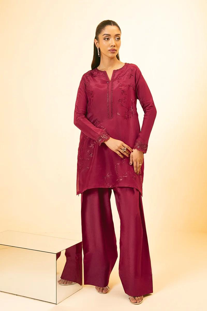 3 piece - Designer Brand Farshi Embroidered Shalwar Suit -  Tassel Silk Top, Bottom & Dupatta