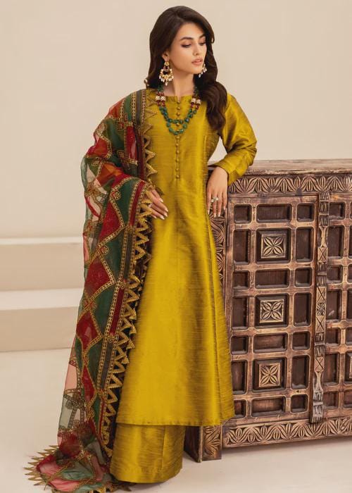 Marigold Raw Silk Palazzo Suit with Embroidered Organza Dupatta - Wedding / Party Wear