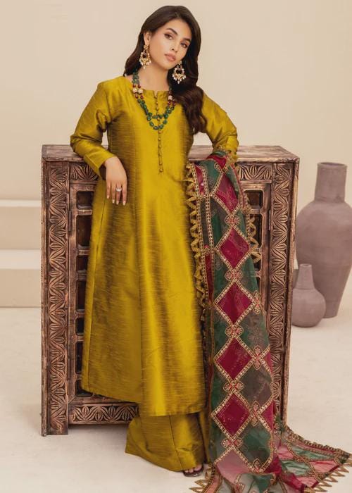 Marigold Raw Silk Palazzo Suit with Embroidered Organza Dupatta - Wedding / Party Wear