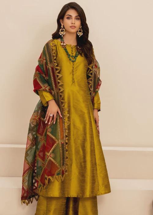 Marigold Raw Silk Palazzo Suit with Embroidered Organza Dupatta - Wedding / Party Wear