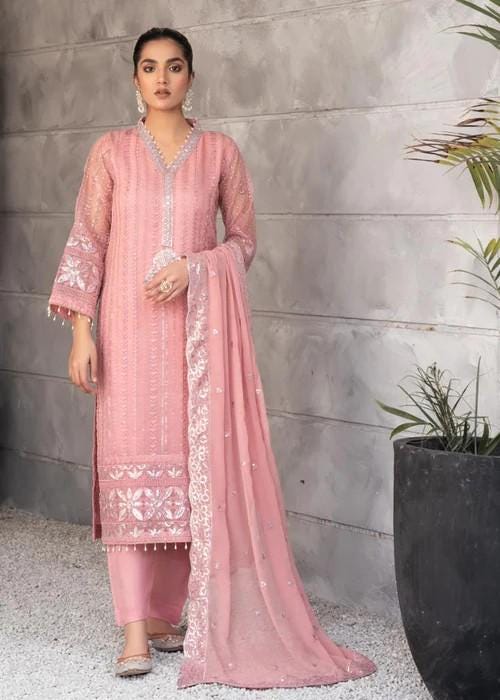 3 piece - Embroidered Organza Suit with Chiffon Dupatta - Sequins Embroidery