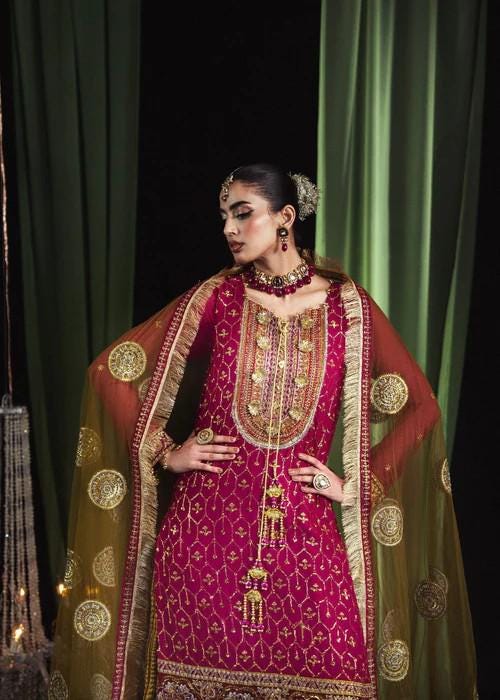 Heavily Embroidered Chiffon and Silk Gharara - Matching Potli bag - Magenta & Gold