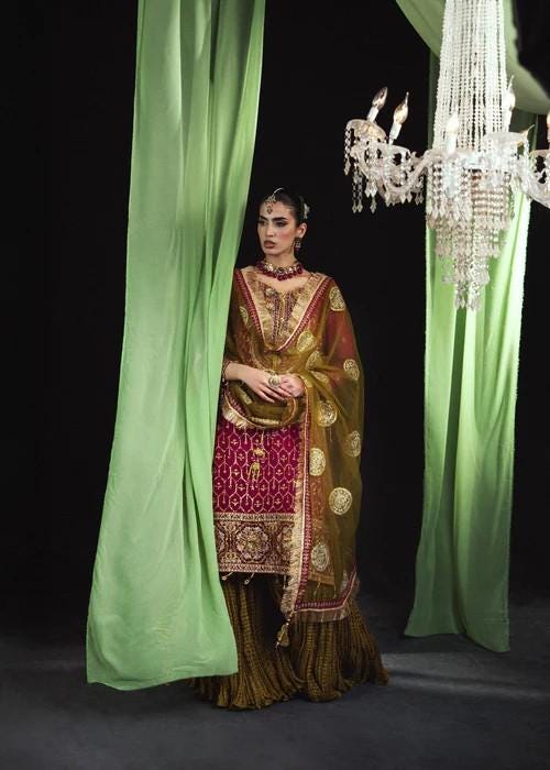 Heavily Embroidered Chiffon and Silk Gharara - Matching Potli bag - Magenta & Gold