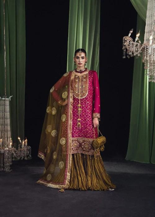 Heavily Embroidered Chiffon and Silk Gharara - Matching Potli bag - Magenta & Gold
