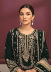 Embroidered Velvet Suit With Jamawar / Brocade Pants and Dupatta - Green