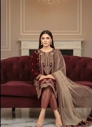 Embroidered Velvet Suit With Jamawar / Brocade Pants and Dupatta - Maroon