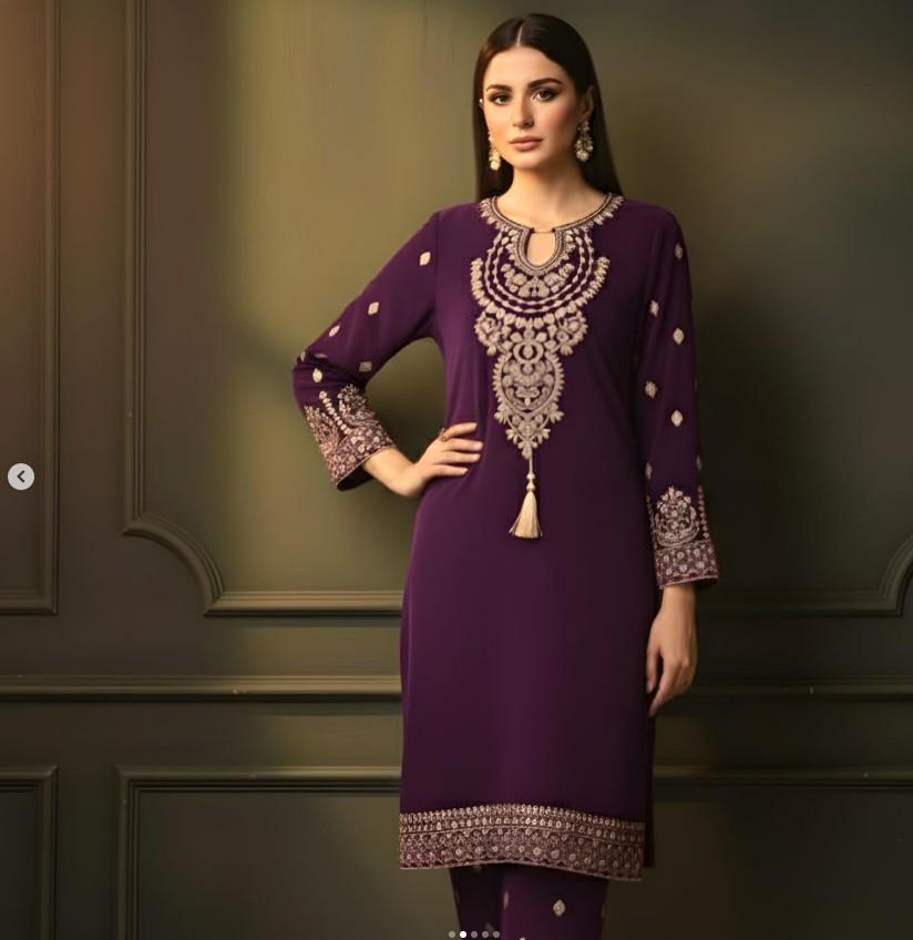 Embroidered Purple Velvet Suit - 2 Piece