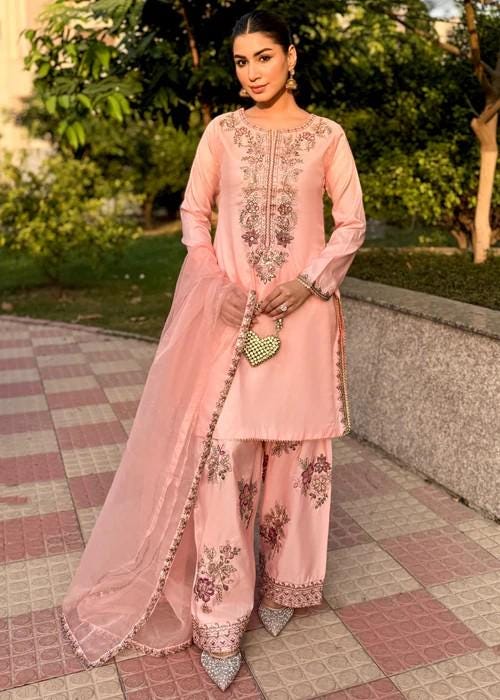 3 Piece Embroidered Farshi Shalwar Silk Suit - Chiffon Dupatta