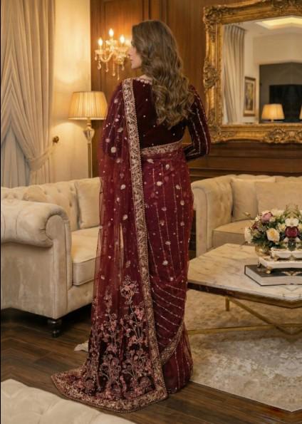 Embroidered Velvet Ready Made Designer Saree - Maroon - 3 Piece - Saree, Raw Silk Petticoat and Velvet Blouse