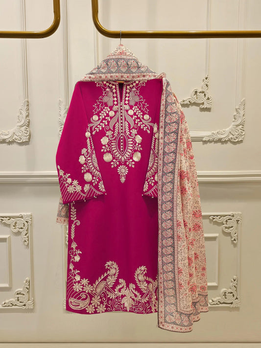 Agha Noor 3 piece - Embroidered Lawn Suit - Hot Pink
