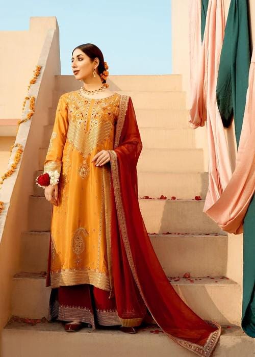 3 Piece Embroidered Raw Silk Suit - Golden Tilla and Sequin Work