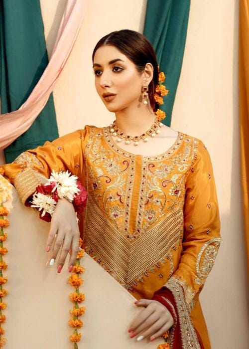 3 Piece Embroidered Raw Silk Suit - Golden Tilla and Sequin Work