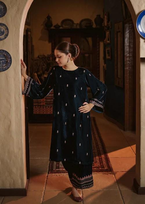 Embroidered Velvet Kurta Set - 2 Piece Designer Wear - Teal Color