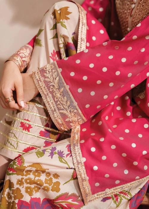 3 Piece Embroidered Pink Cotton Suit - Chiffon Dupatta