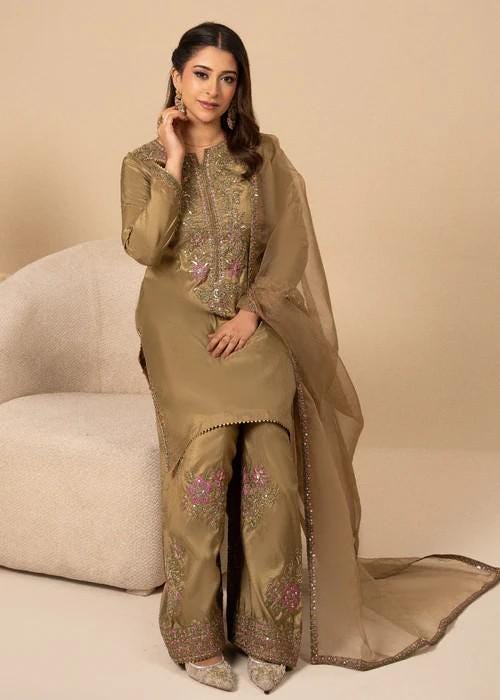 Embroidered Silk Farshi Shalwar Suit with Organza Dupatta - 3 Piece - Tan Brown