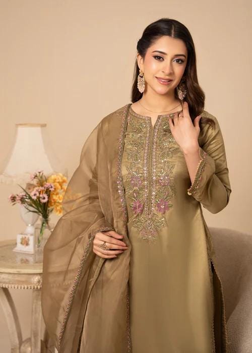 Embroidered Silk Farshi Shalwar Suit with Organza Dupatta - 3 Piece - Tan Brown