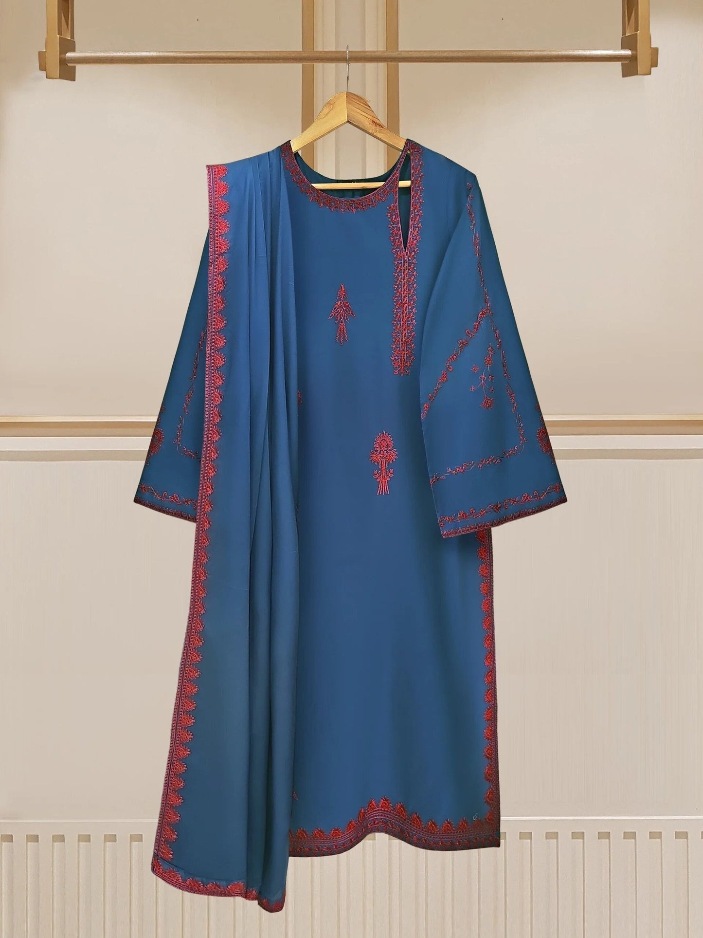 Agha Noor 3 Piece Embroidered Cotton Shalwar Kameez: Navy Blue Indian Suit (Size L)