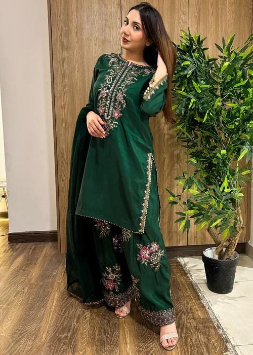 Embroidered Silk Farshi Shalwar Suit with Organza Dupatta - 3 Piece - Bottle Green