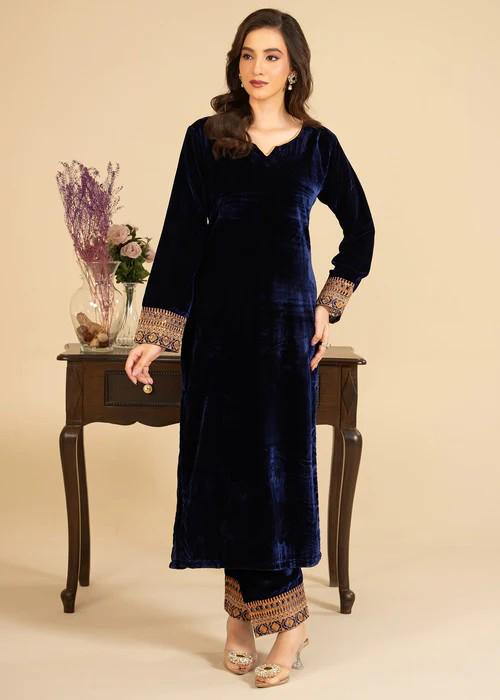 Embroidered Velvet Kurta Set - 2 Piece Designer Wear - Navy Blue