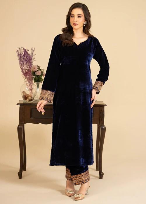 Embroidered Velvet Kurta Set - 2 Piece Designer Wear - Navy Blue