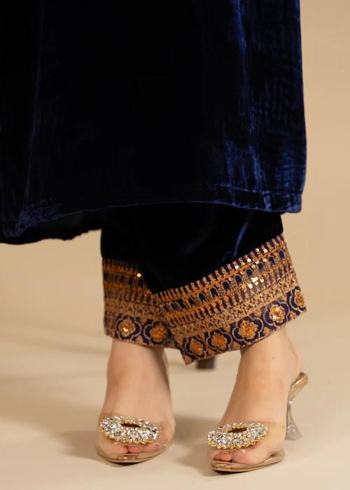 Embroidered Velvet Kurta Set - 2 Piece Designer Wear - Navy Blue