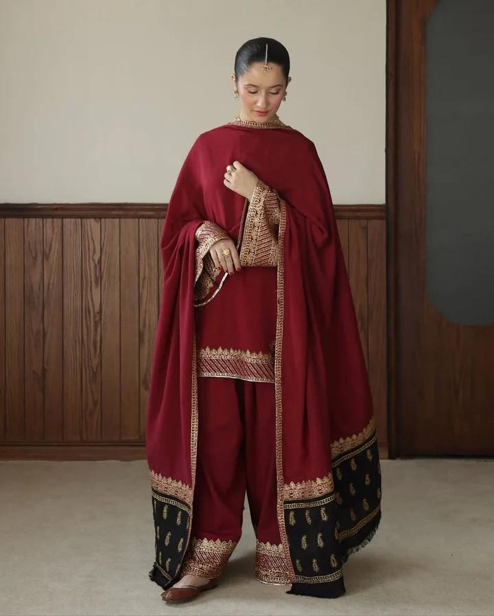 3 Piece Gold Embroidered Cotton-Blend Suit - Red