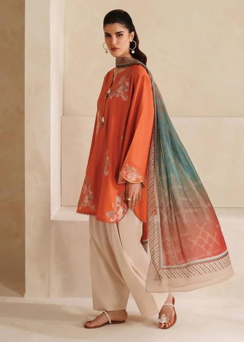 3 Piece Embroidered Rust & Beige Cotton Suit - Chiffon Dupatta