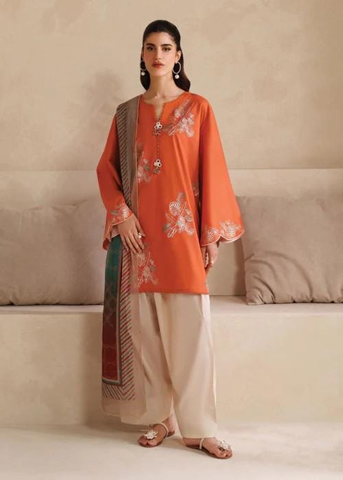 3 Piece Embroidered Rust & Beige Cotton Suit - Chiffon Dupatta