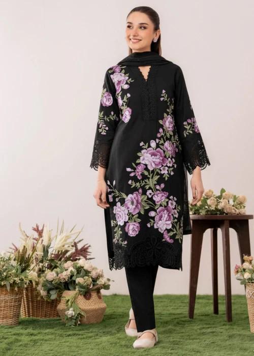 3 piece - Embroidered Khaddar (Khaadi) Suit -  Full Lilac Embroidery on Black