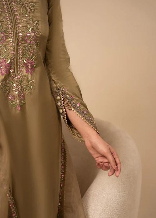 Embroidered Silk Farshi Shalwar Suit with Organza Dupatta - 3 Piece - Tan Brown