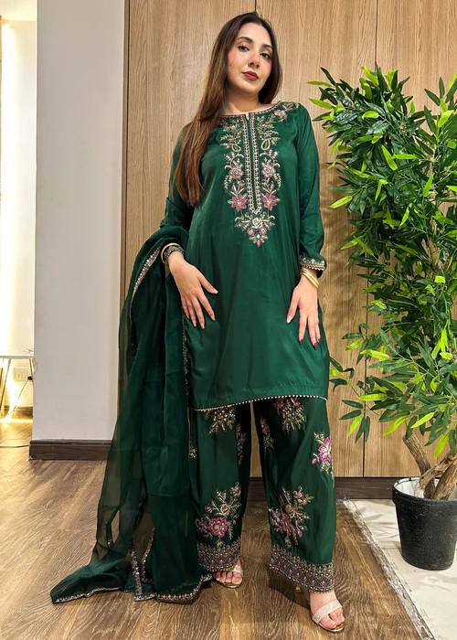 Embroidered Silk Farshi Shalwar Suit with Organza Dupatta - 3 Piece - Bottle Green