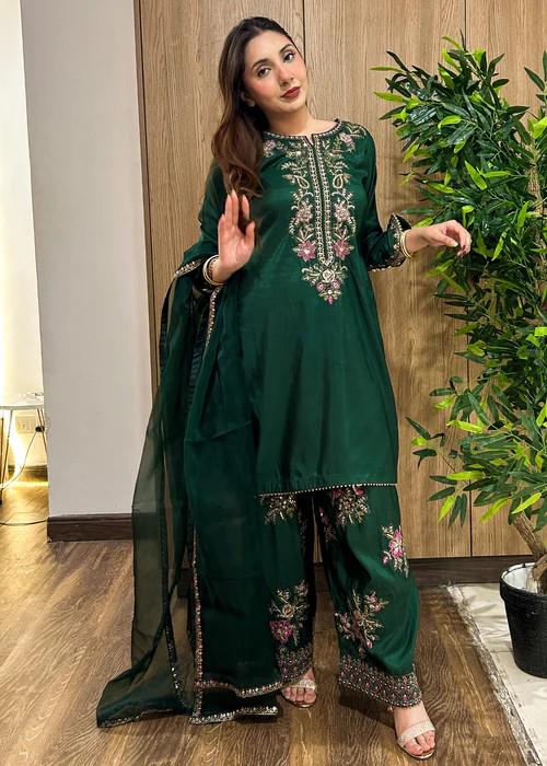 Embroidered Silk Farshi Shalwar Suit with Organza Dupatta - 3 Piece - Bottle Green